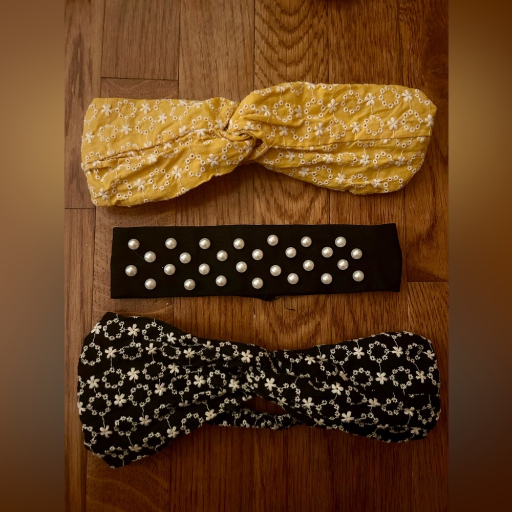 Lot of 3 Headbands - White, Yellow, and Black; Pearl Detailing; Boho & Whimsical
